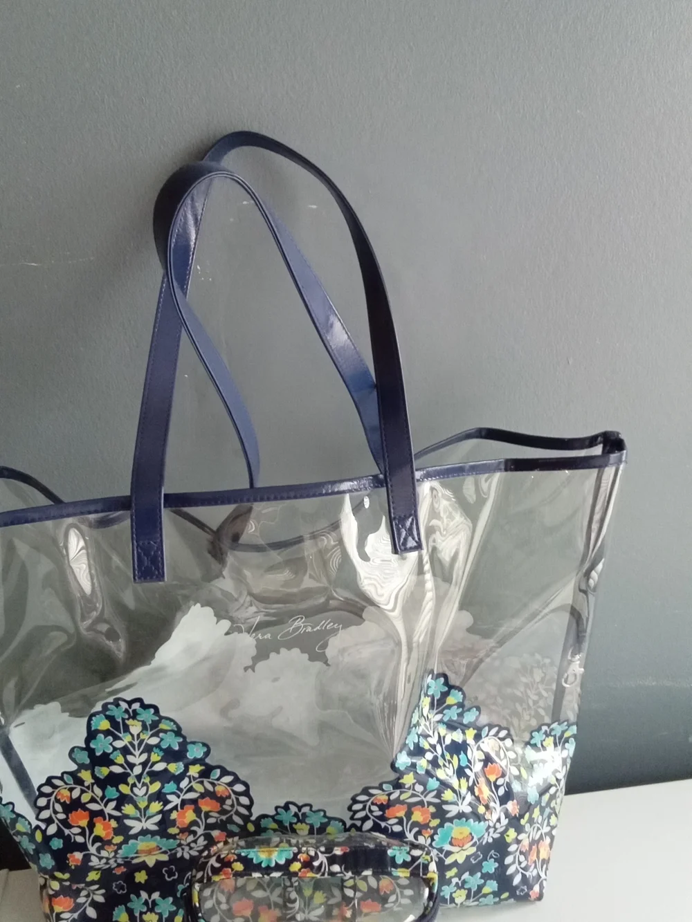 Vera Bradley Clear Floral Medallion Tote Bag and Pouch Set Stadium Approved Navy